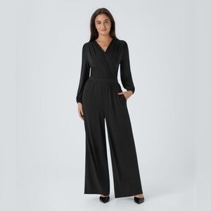 V Neck Crossover Long Sleeve Side Pocket Wide Leg Casual Jumpsuit​